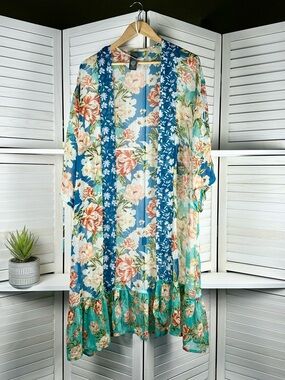 Vince Camuto Blue Multi Floral Long Sleeve Kimono